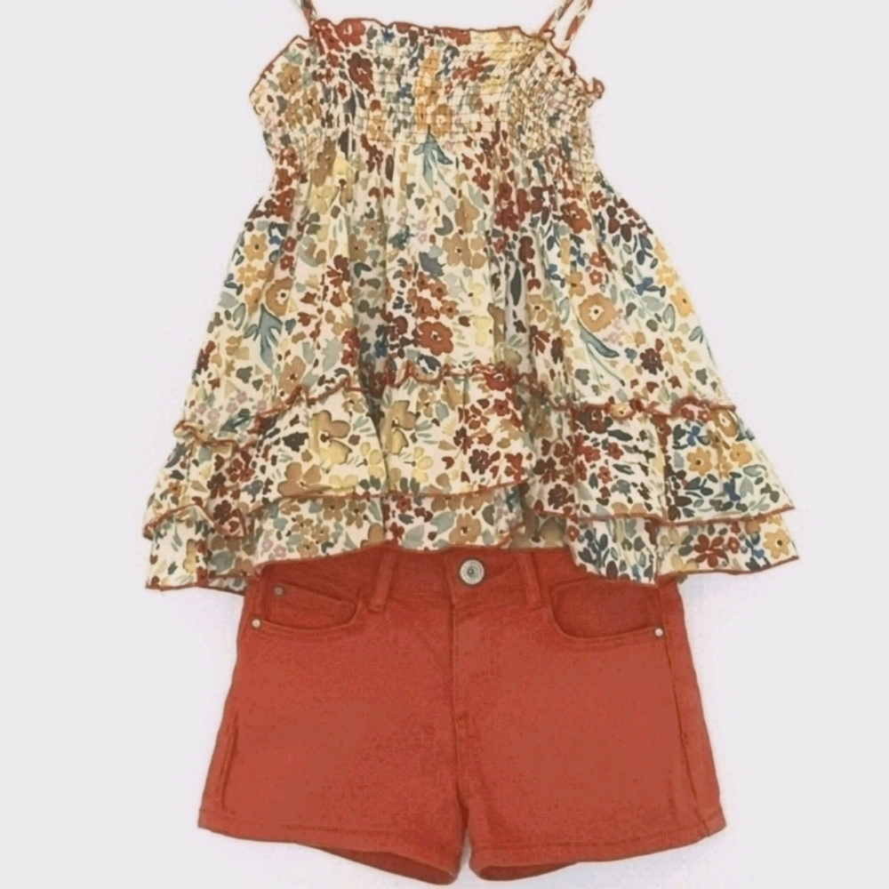 Zara Girls 5 Floral Dark Orange Tank Top & Shorts
